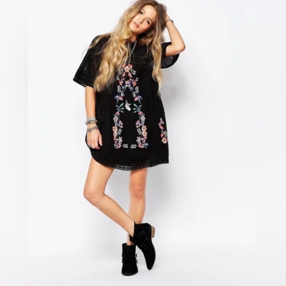 Free People Perfectly Victorian Embroidered Boho‎ Festival Mini Shift Dress XS